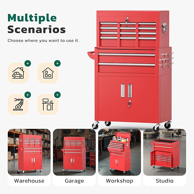 Greenvelly 8-Drawer Rolling Tool Chest, Metal Tool Chest with Wheels, Tool Cabinet with Detachable Top Tool Box, Metal Tool Cart with Liner & Hooks for Garage, Workshop, Warehouse (Red)