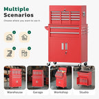 Greenvelly 8-Drawer Rolling Tool Chest, Metal Tool Chest with Wheels, Tool Cabinet with Detachable Top Tool Box, Metal Tool Cart with Liner & Hooks for Garage, Workshop, Warehouse (Red)