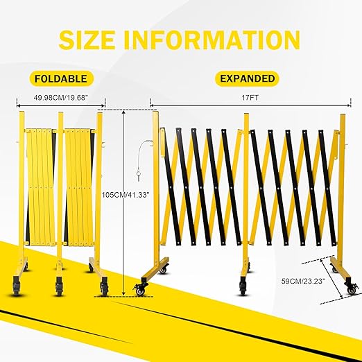 17FT Traffic Barricade with Casters, Metal Expandable Barricade, Folding Security Gate, Retractable Fence Outdoor Barricade Fence for Construction Area, Traffic Control(4pc)