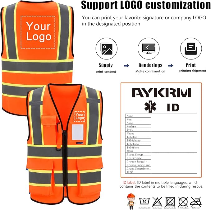 AYKRM 11 color High Vis Reflective Safety Vest for Women Men Security Pocket Zipper