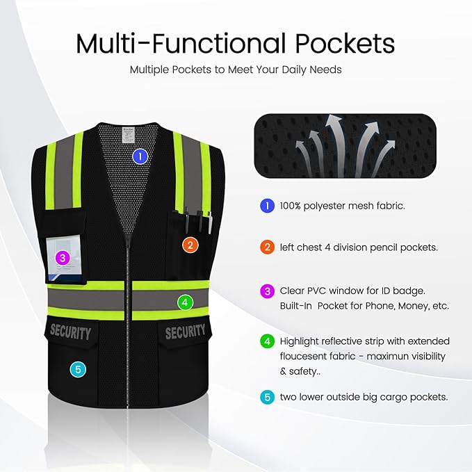 Security Vest for Men Women, High Visibility Vest with Pockets & Zipper, Neon Work Wear with Reflective Strips, ANSI Compliant, Black, 2XL