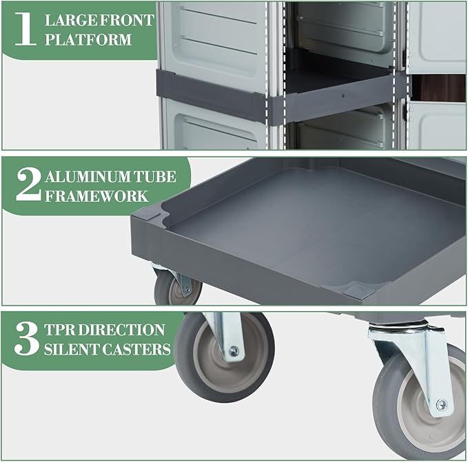 Janitorial Cart with 2 Cabinet, Commercial Cleaning Cart On Wheels with Cover, Shelves, and Oxford Bag, Housekeeping Cleaning Caddy Service Carts for School Hotel Apartment