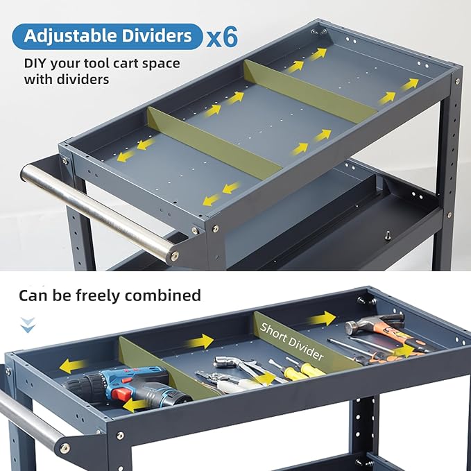 3 Tier Rolling Tool Cart with 6 Dividers, Mesh Panels & Screwdriver Shelf, 500 lbs Capacity, 32.5"x31.5"x15"