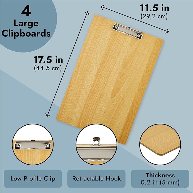 Extra Large Clipboard Pack - 4 Tabloid Clipboards, Extra Large 11.5 x 17.5 in Wooden Ledger - Solid Hardwood & Metal Low-Profile Clip with Hook for Classroom & Office Use
