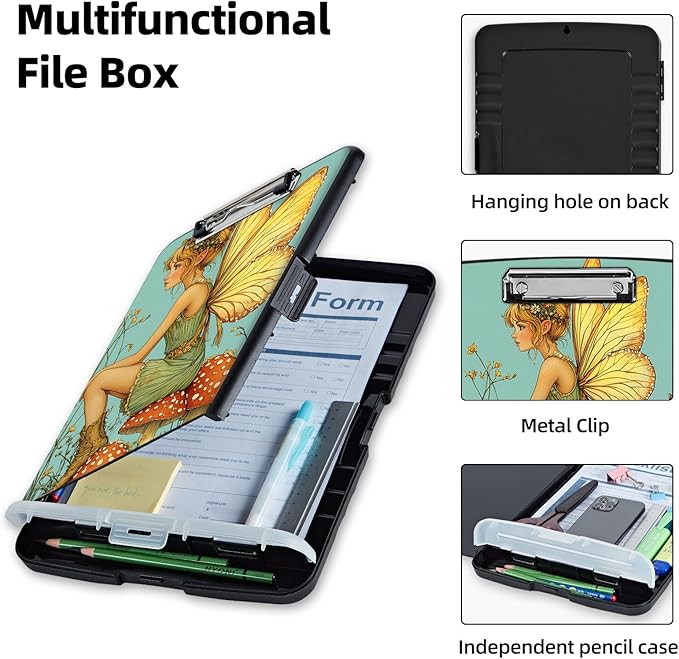 Clipboard with Storage Box & Pen Holder,Heavy Duty Clip Boards 8.5x11 for Nursing,High Capacity,School & Office Supplies,Fairy Mushroom Garden