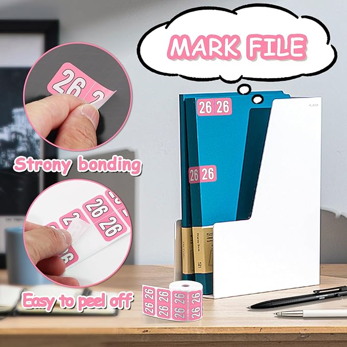 500 Pcs 2026 Year Stickers, Waterproof File Folder Labels, Self-Adhesive Rectangle Tabs for End Folders and Envelopes, Number Tabs, Office and Home Supplies (Pink)