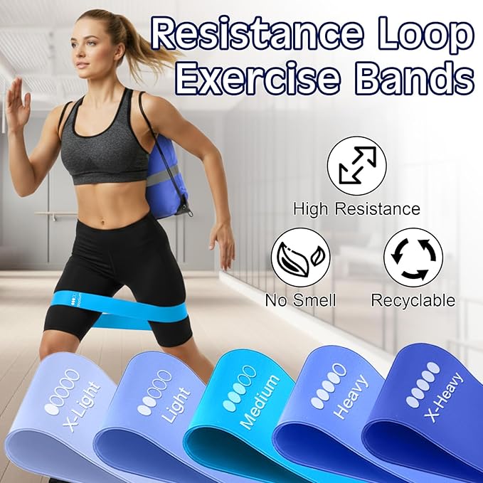Sratte 120 Pcs Workout Loop Resistance Bands Bulk, Gym Elastic Bands Set for Fitness Sport Class Students Members Gift Physical, 5 Pieces Each Set, with Large Drawstring Backpack Bags