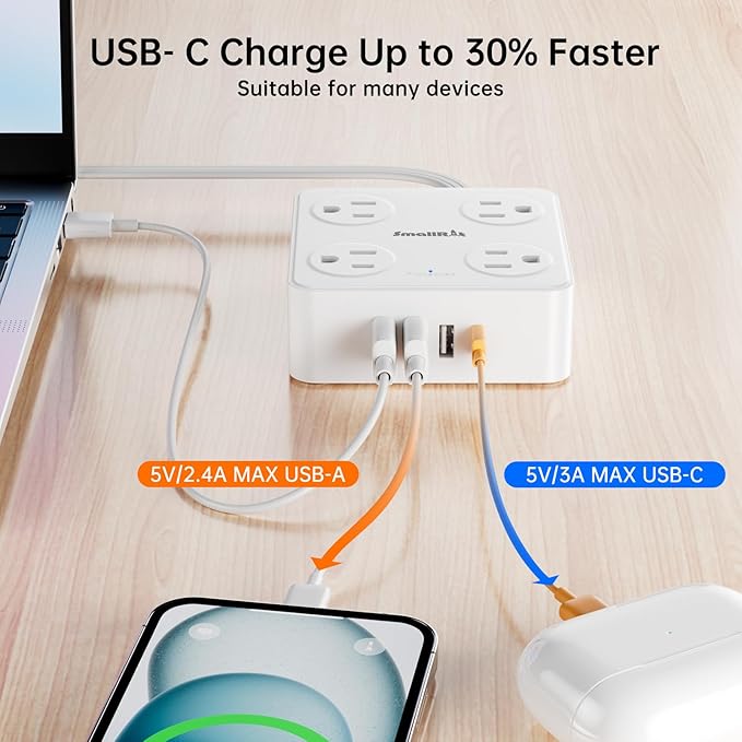 6.5Ft Power Strip with Surge Protector, 8 Outlets 4 USB Ports Extension Cord, Flat Plug Charging Station for Home Office Desk & College Dorm Essentials, White