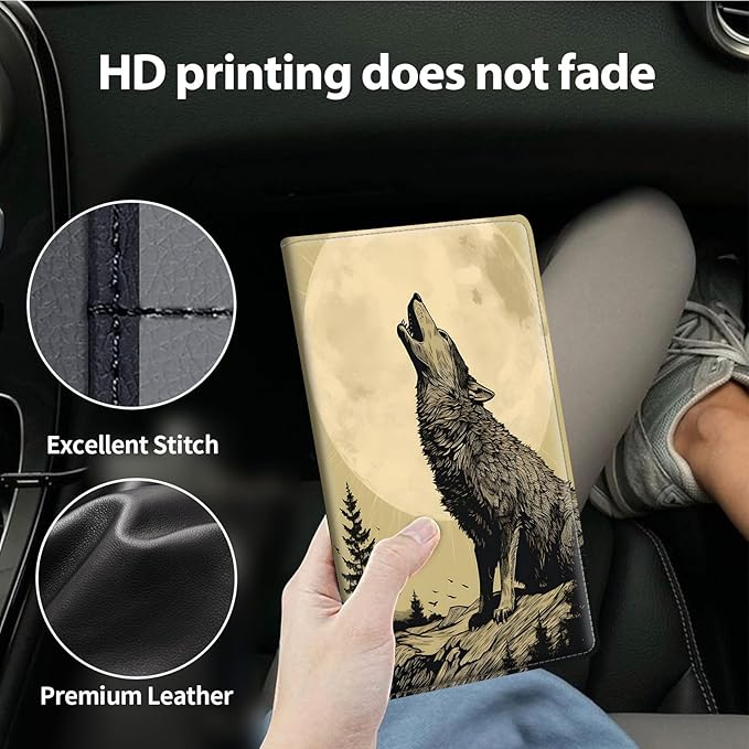 Car Registration and Insurance Holder, Leather Car Glove Box Organizer, Cool Car Accessories for ID, Driver's License Cards & Essential Document,business cards,Men&Women,Howling Wolfs and Moon