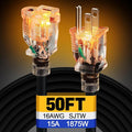 Lighted End Heavy Duty Outdoor Extension Cord Waterproof -16AWG, 3 Prong, 15A, 1875W, Flexible Black Power Extension Cord for Outsides, 50ft