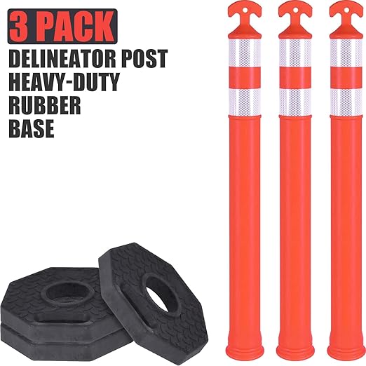 Traffic Delineator Post Cones with Heavy-Duty Octagonal Rubber Base, Channelizer Post Kit for Road Construction Work, Traffic Guidance, Garage Parking, Crowd Control (3, 42")