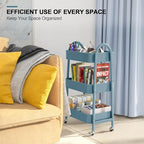 3 Tier Utility Rolling Cart, EAGMAK Metal Storage Cart with Handle and Lockable Wheels, Multifunctional Storage Organizer Trolley with Mesh Baskets for Kitchen, Living Room, Office, Garage (Blue)