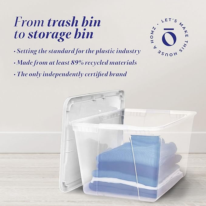 HOMZ 4-Pack Snaplock, Large Clear Plastic Storage Organizer Bins w/Lids, 56 Quart, White - Stackable Container Boxes for Bedroom, Bathroom, Garage, and Office Organization