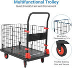 Platform Truck Cart with Cage, 35 * 23 * 20 in 1000LBS Capacity Folding Cart with Wheels,Heavy Duty Hand Moving Cart,Foldable Dolly with Basket for Warehouse Luggage Moving