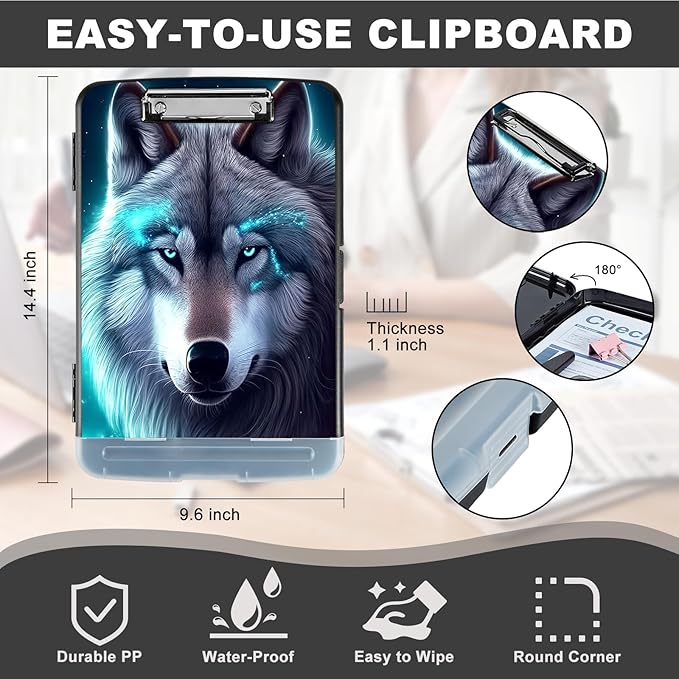 Clipboard with Storage,Heavy Duty Plastic Storage Clipboard with Low Profile Clip,Teacher Must Haves,Office Supplies,Galaxy Wolfs Cyan