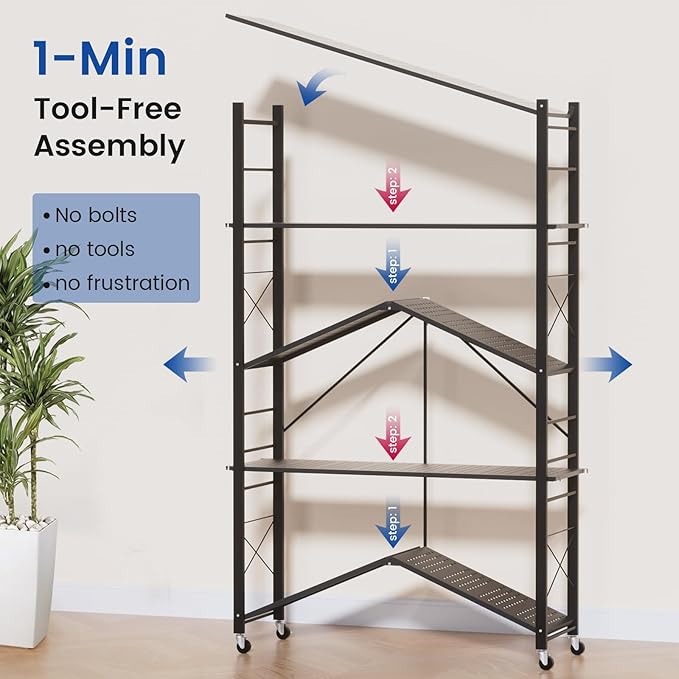 ALANNG 40" W Foldable 5-Tier Storage Shelves with Wheels, Adjustable & Removable Metal Rack, Heavy Duty Rolling Organizer for Kitchen, Garage, Closet, Pantry, and Office (Black,4 Pack)