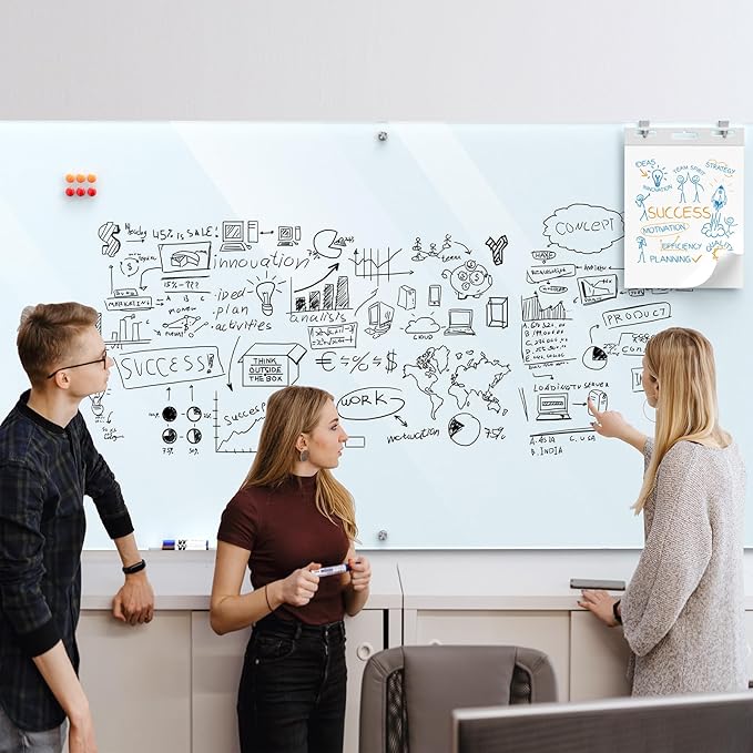MaxGear Glass Whiteboard 96x48 Inches Wall Mounted, Magnetic White Board with 1 Eraser, 1 Accessory Tray, 4 Markers and 6 Magnets, Extra Large Frameless Dry Erase Board for Office, School, Home