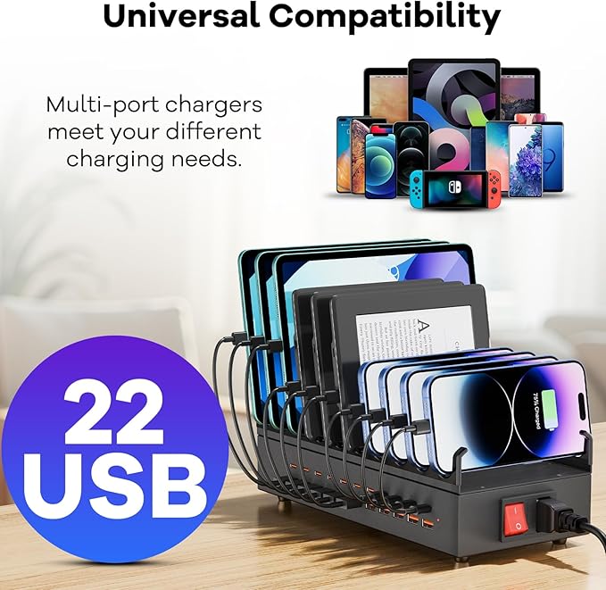 USB~C Charger Block, 300W 22 Port (11 USΒ A & 11 USΒ~C) USB Charging Station for Multiple Devices, Desktop Wall Fast Charger with Storage Dividers, USΒ Power Strip Suitable for Home Office School