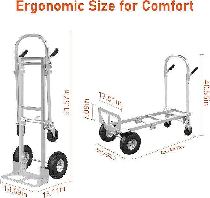 800 LBS Dolly Cart with Wheels, 2 in 1 Folding Hand Truck, Stainless Steel Heavy Duty Industrial Convertible Hand Cart, Utility Collapsible Hand Truck Dolly for Warehouse, Home, Office, Etc