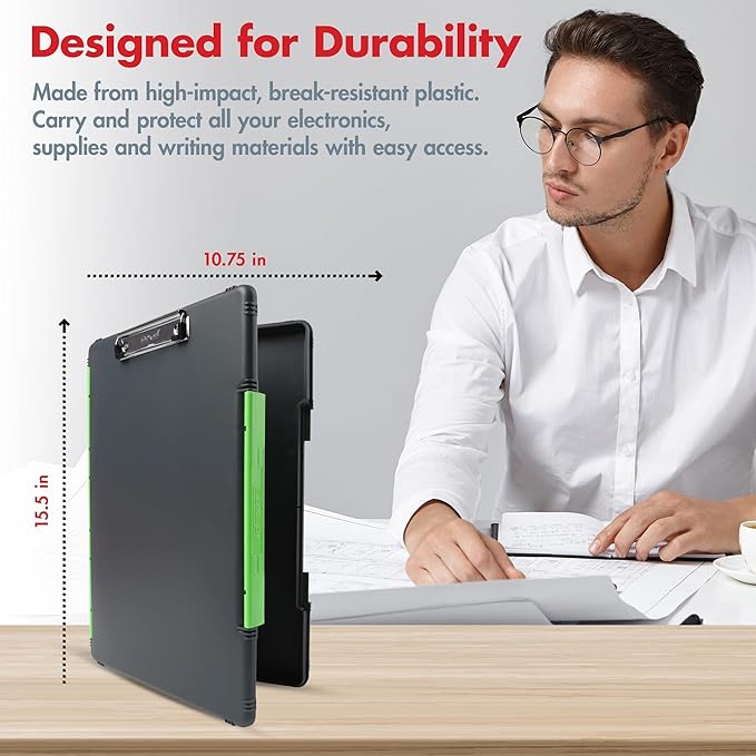 Dexas Legal Size XL Slimcase 2 Storage Clipboard, Gray with Green Clip, 15.5" x 10.5"