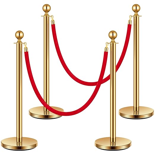 VIVOHOME Stainless Steel Stanchion Post Queue 4PCS Pole w/ 2 Red Velvet Ropes, Crowd Control Barriers w/Fillable Base for High-end Venues, Museums, Party Supplies (4 Pieces, Golden)