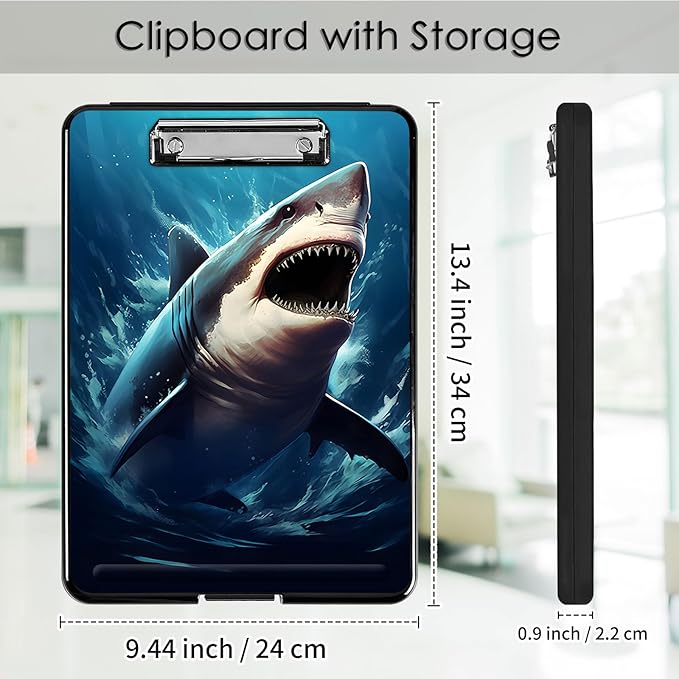 Clipboard with Storage,Office Supplies Nursing Clipboards Folder with Pen Holder Plastic Foldable Clip Board with Storage for Nurse Teacher,Shark in Sea