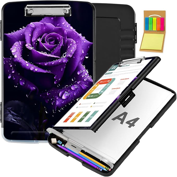 Clipboard with Storage,Office Supplies Nursing Clipboards Folder with Pen Holder Plastic Storage ClipBoard Foldable for Teacher Nurse,Purple Rose