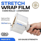 IDL Packaging 3" Stretch Wrap Mini Roll, 700 feet, 120 Gauge (Pack of 4) with a Plastic Handle Included – Industrial Grade Clear Plastic Wrap – Improved Protection for Packing, Moving, or Office