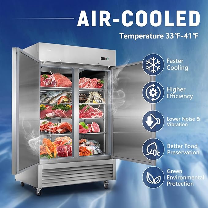 JINSONG 54" Commercial Refrigerator, 49 Cu.Ft Stainless Steel Reach-in Fridge with 2 Solid Doors, Upright Commercial Fridge for Restaurant, Bar, Shop, or Home Use