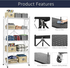 Lifetime Home 5-Tier Foldable Storage Shelf with Wheels - Metal Rack Collapsible Shelving Unit Display, Rolling Cart for Books Kitchen Storage Shelves, Pantry & Closet Organizer, Office Room Decor