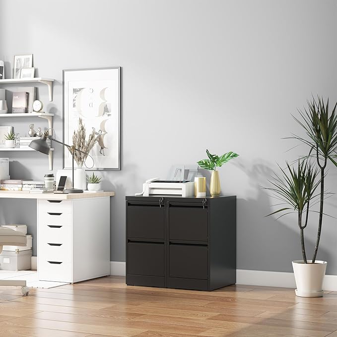 2 Drawer File Cabinet with Lock, Vertical Filing Cabinets for Home Office, Metal Storage Cabinets, Heavy Duty File Cabinet for Letter/Legal/A4/F4 Size Amssebly Required, Black