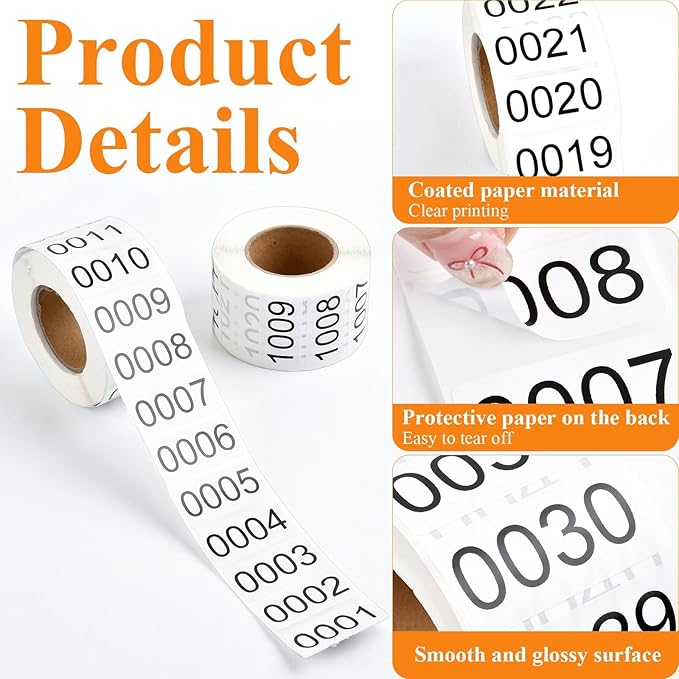 0001-2000 Pieces Inventory Number Sticker, 2 Roll Consecutively Numbered Labels Waterproof Tag, Self-Adhesive Numbered Sticker for Storage Classification Supplies (1.5 x 0.79 Inch)