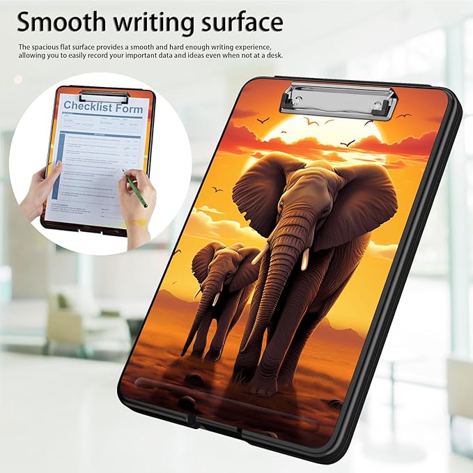 Clipboard with Storage,Office Supplies Nursing Clipboards Folder with Pen Holder Plastic Foldable Clip Board with Storage for Nurse Teacher,Sunset Elephant