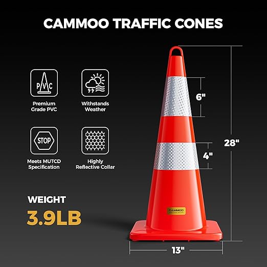 6 Pack 28 Inch Traffic Cones, from -22℉ to 131℉, MUTCD-Compliant Orange Safety Cone with Reflective Collar ＆ Extra Caution Tape for Parking Lot, Construction Work, Road Safety