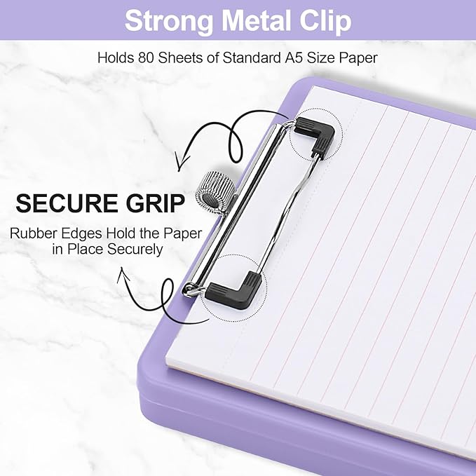 Small Clipboard with Storage, A5 Clipboards with Pen Holder, Half Letter Clip Boards 6x9 Mini Plastic Clipboard with Low Profile Clip for Classroom, School, Office Supplies (Light Purple)