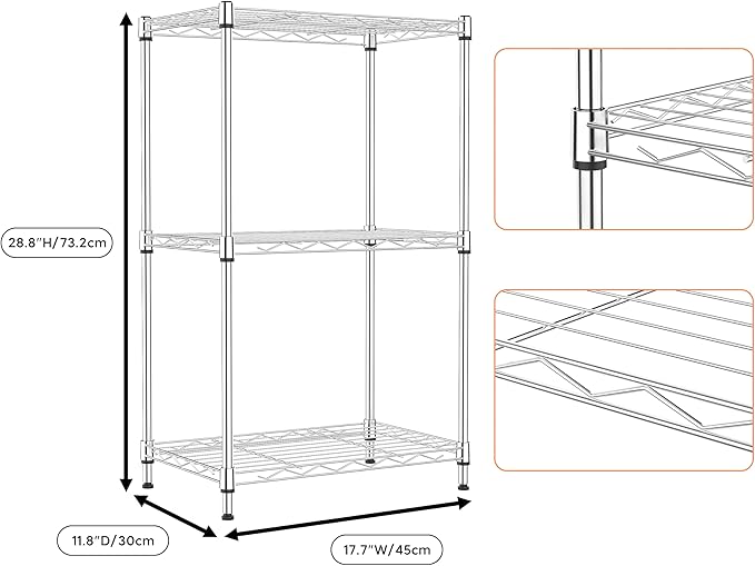 M MZG 3-Tier Metal Wire Shelving Rack with Wheels – Chrome 11.8"D x 17.7"W x 28.8"H