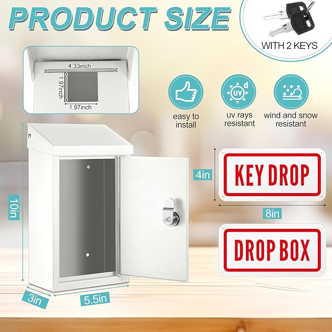 Metal Mount Wall Donation Box Key Lock Money Cash Drop Box with Top Slot and 2 Pcs Reflective Sign 10 x 5.5 x 3 Inch Safe Lock Mailbox with 2 Keys for Outside Office Business Home(White)