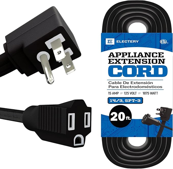 20 ft Heavy Duty Appliance Extension Cord, 14 AWG, 15A 125V 1875W, 3 Prong Flat Plug, ETL Listed, Short Power Extension Cable for Air Conditioner, Refrigerator, Microwave, Indoor Use, Black