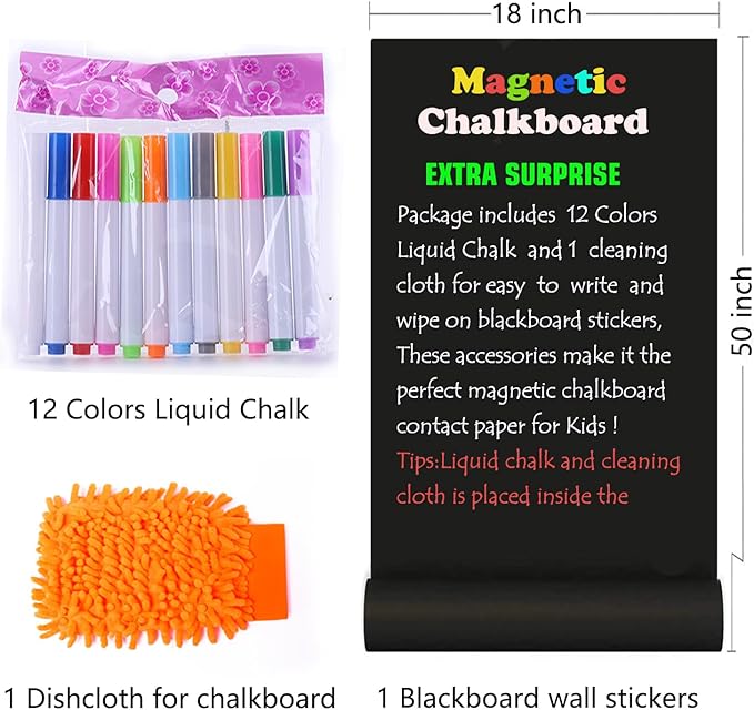 Magnetic Chalkboard Contact Paper 50"x18" Self Adhesive Magnet Wall Board Sticker with 12 Color Chalk for Office Black Chalk Board Wallpaper Roll Alternative to Magnetic Blackboard Paint
