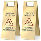 Kigley 2 Pcs Wet Floor Sign, 24 Inch Stainless Steel Caution Wet Floor Sign Double Sided Portable Foldable Bilingual Safety Warning for Hotel Market Restroom Restaurant Office (Gold)