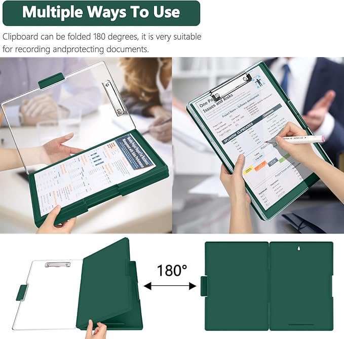 Clipboard with Storage,Heavy Duty Clip Boards 8.5x11 with 2 Storage Case,Clear Visible Top Panel Storage Clipboards,Side Opening Clip Boards,Nursing Clipboard Folder Case for Office Supplies-Emerald