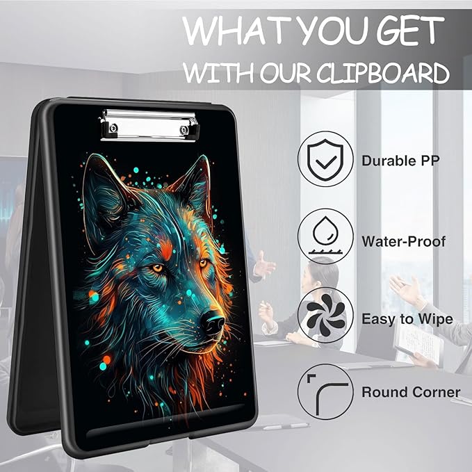Clipboard with Storage, High Capacity Plastic Storage Clipboard with Pen Holder for Women Teachers Work, School & Office Supplies, Cute Pattern Decorative Clipboards, Colorful Wolf