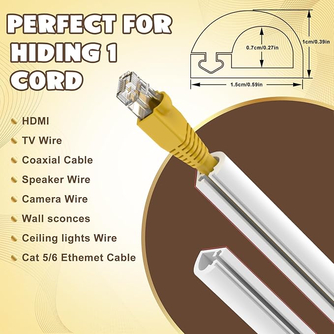 196 Inch Wall Cord Hider, Silicone Self Adhesive Cable Hider Cord Cover, Flexible Wire Covers for Cords Cable Cover Cable Concealer for Wires W0.59” H0.39” White (White, 196 inch)