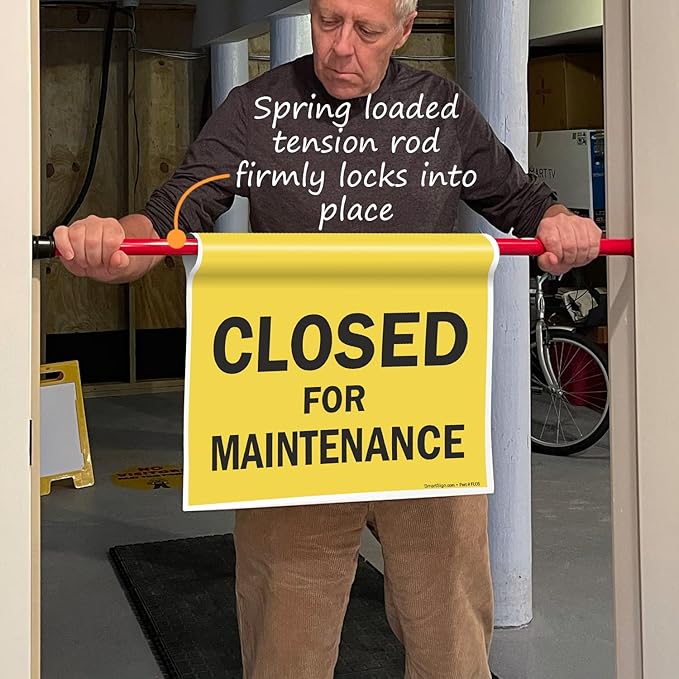 SmartSign "Closed For Maintenance" Hanging Doorway Barricade Sign, Spring-loaded Adjustable Twist-To-Tighten Aluminum Pole & 11.25" x 18" Vinyl Safety Sign Kit, Black/Yellow, USA-Made