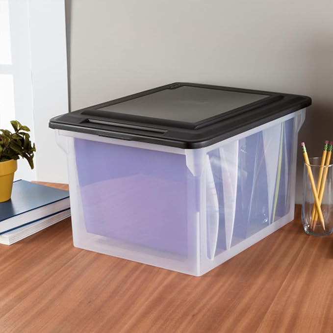 Sterilite 8 Pack File Box Organizer Storage Tote, Clear Bankers Box with Black Lid