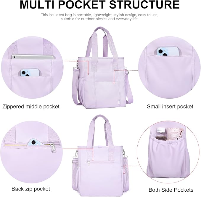 NOL Natural Organic Lifestyle Insulated Lunch Bag for Men/Women,Extra Large Lunch Tote Bag With Removable Adjustable Shoulder Strap with Multi Pockets,Leakproof Cooler Lunch Bag For Work,Light purple