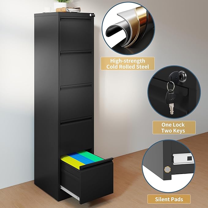 5 Drawer File Cabinet with Lock, Vertical Filing Cabinets for Home Office, Metal Storage Cabinets, Heavy Duty File Cabinet for Letter/Legal/A4/F4 Size Amssebly Required, Black
