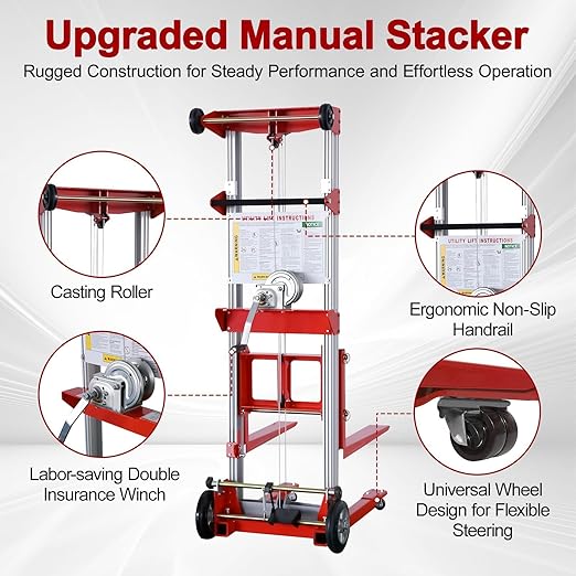 122" 400lbs Material Lift Winch Stacker with Upgrade Effortless Winch, Hand Winch Lift Truck with Fixed-Leg, Manual Material Lifter Pallet Stacker for Contractor, Workshop, Industrial, Red