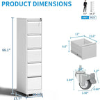 5 Drawer Rolling File Cabinet with Lock, Metal Filing Cabinets on Wheels, Vertical Steel Office Drawers Storage for Hanging Legal/Letter Folders, Require Assembly (White)