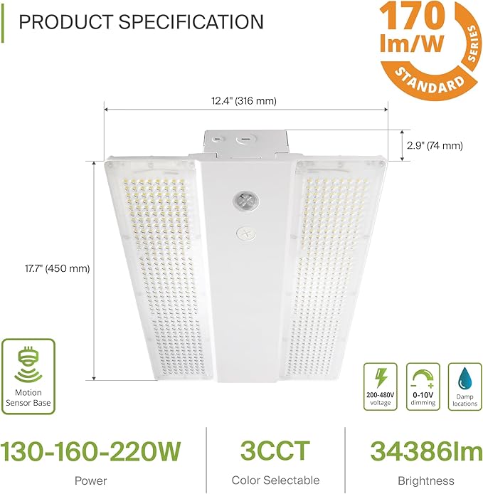 ASD LED Linear High Bay Light Fixture, Commercial Shop Lighting | 3CCT, Dimmable, Power Adjustable, DLC Premium, UL Listed | 220W 34000LM 3500-5000K 200-480V | Warehouse, Garage, Workshop Lamp | White
